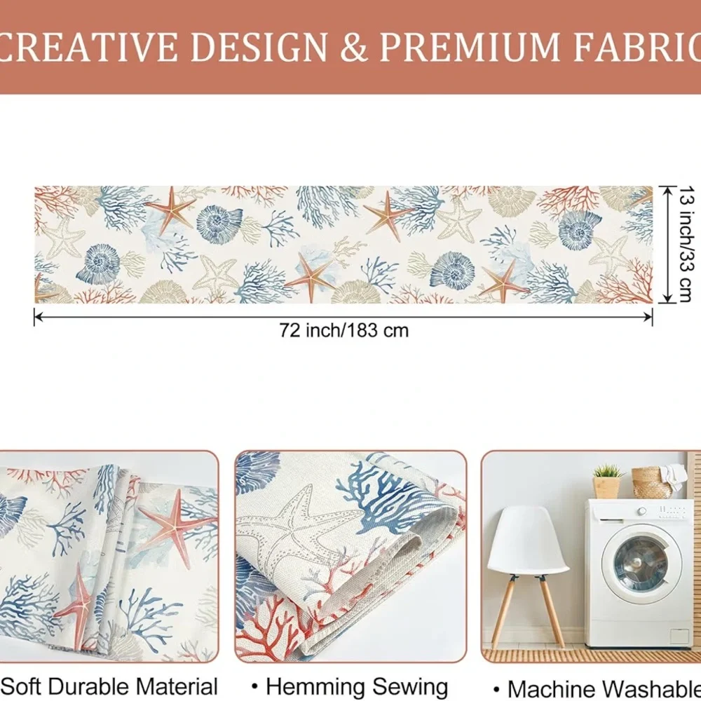 Bonhause Nautical Coastal Table Runner 13x72 Ocean Themed Starfish Coral Conch